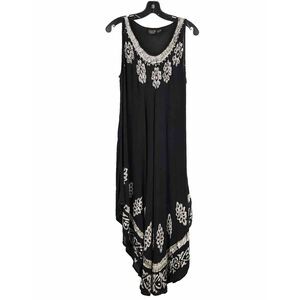 Pagoda Shift Dress Free Size Black Cream Floral‎ Asymmetrical Hem Boho Hippie